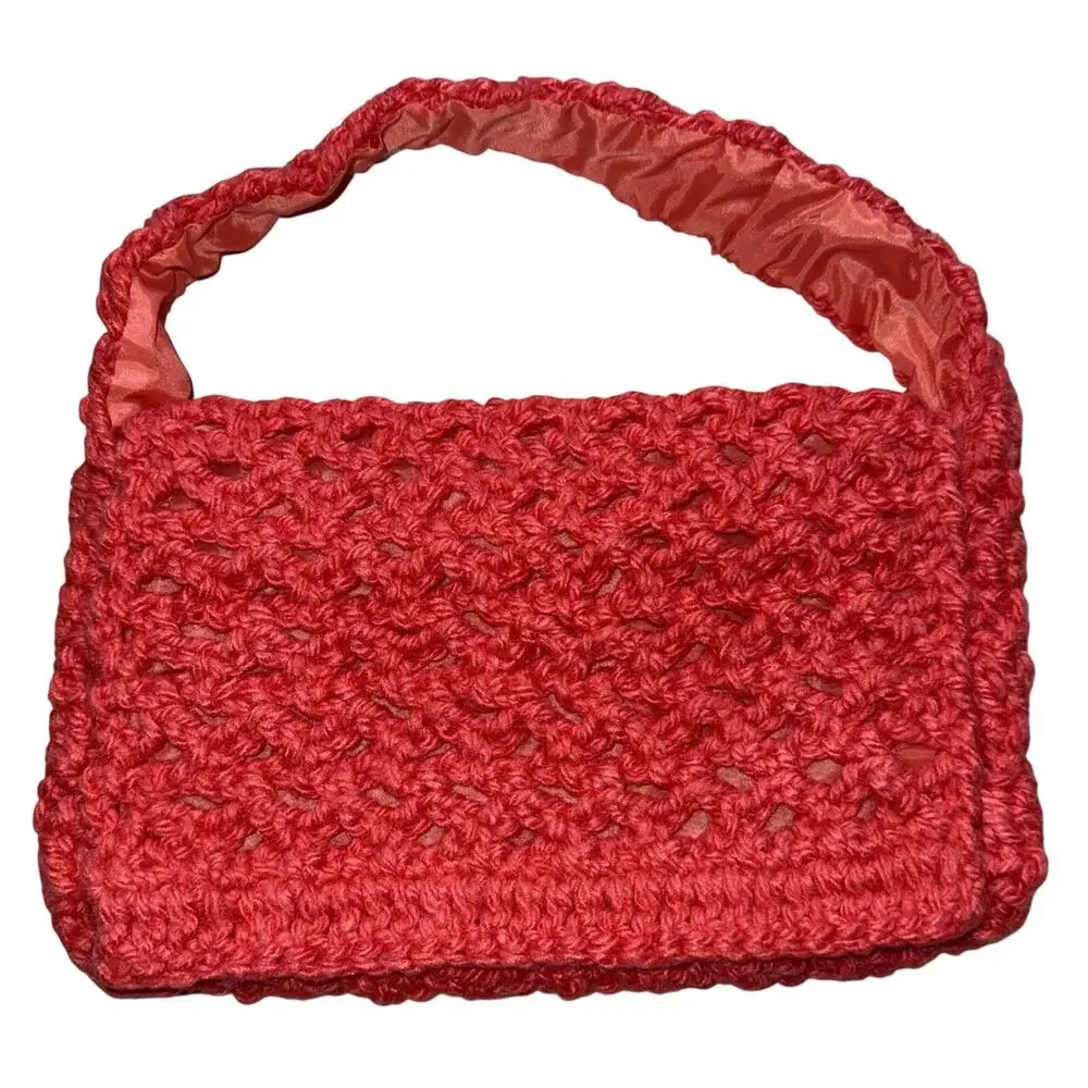 Vintage 1970s Coral Pink Crochet Handbag Boho Lined Purse